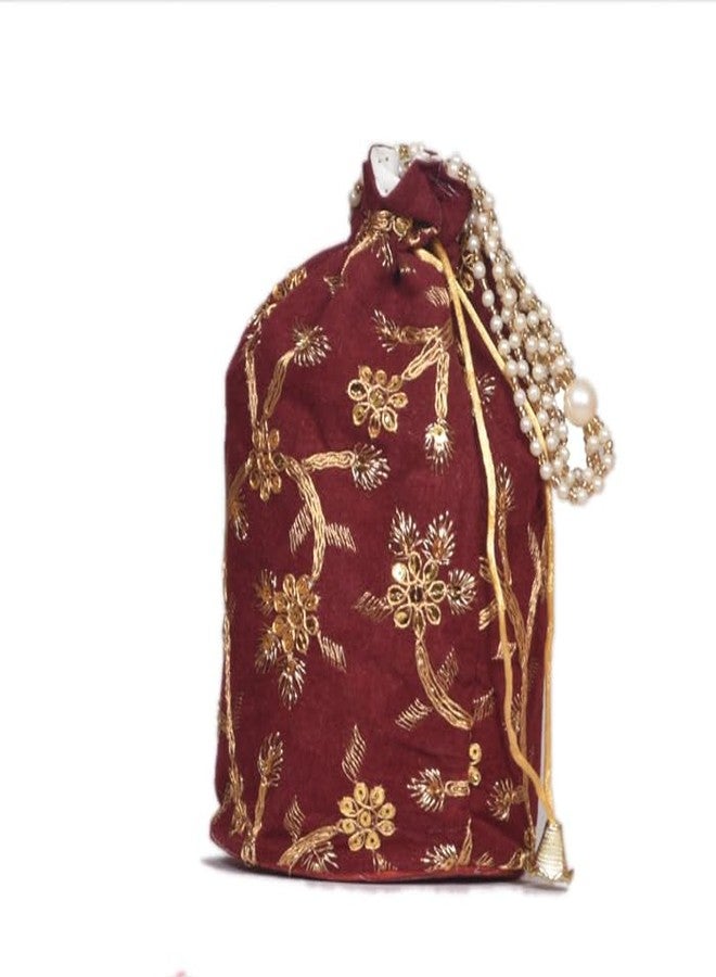 SuneshCreation Pearl Handle Drawstring Potli Bag with Gold Floral Embroidery, Traditional Evening Purse (maroon) - Image 3